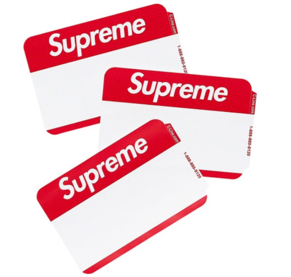 FW20 Supreme Collection  Supreme Name Badge Stickers (Pack of 100). For sale at www.believeshops.com