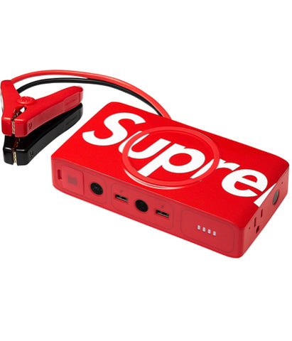 FW20 Supreme Collection  Supreme/ Mophie Powerstation Go  Portable battery charger with wireless transmitter for Qi-enabled devices, two USB-A ports, built-in AC outlet and capable of jump starting a full size car. Built in LED floodlight and spark proof jumper cables included.  For sale at www.believeshops.com